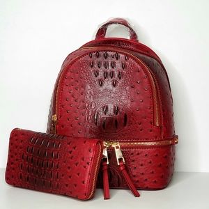 Mini Red Ostrich Embossed Backpack / Wallet
